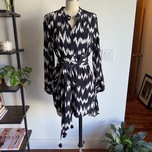 Figue Thalia Half Placket Tunic Shirt Dress-Black & White Ikat Design-Size Large